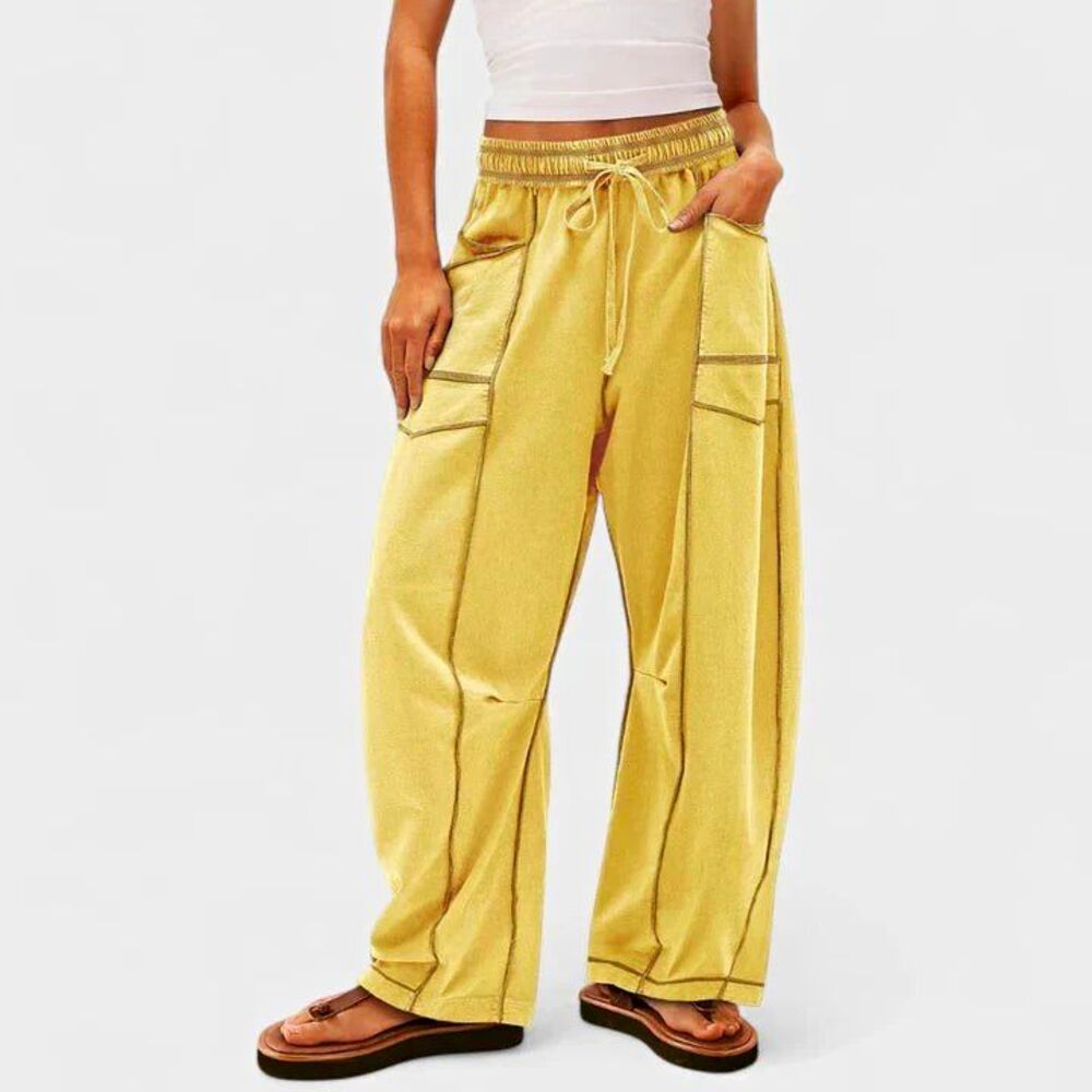 Women's Yellow Wide-Leg Cargo Pants Drawstring Waist Pockets Solid Casual L